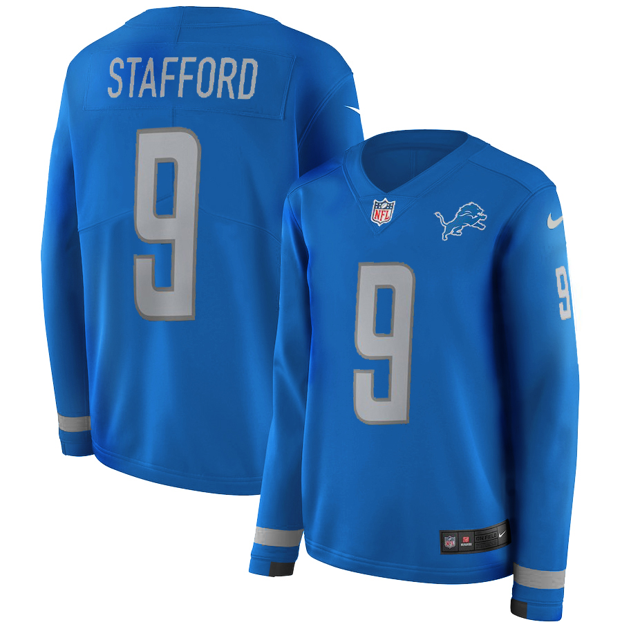 Women Detroit Lions #9 Stafford blue Limited NFL Nike Therma Long Sleeve Jersey->philadelphia eagles->NFL Jersey